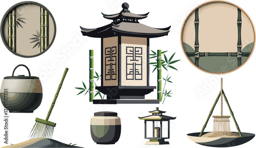Japanese Zen Garden Elements Vector Set with Bamboo and Lantern