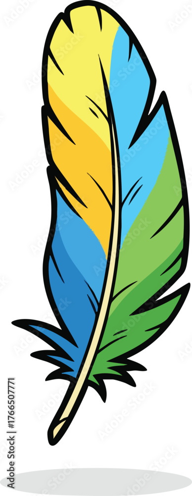 Obraz premium Colorful feather with yellow blue and green sections on white background