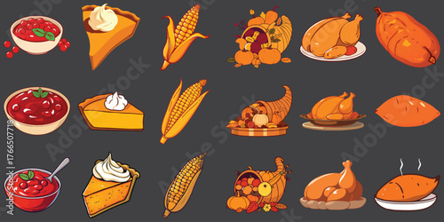 Thanksgiving Food Vector Set with Turkey, Pumpkin Pie, and Harvest Elements