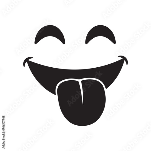 Yummy smile emoji with tongue lick mouth silhouette isolated on white vector