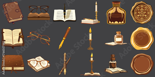 Vintage Writing Tools and Antique Stationery Set on Dark Background