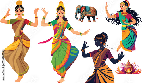 Indian Classical Dance Bharatanatyam Women with Traditional Costume and Cultural Elements Illustration