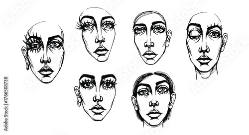 Vector art of seven handdrawn faces with different expressions, showcasing unique artistic styles