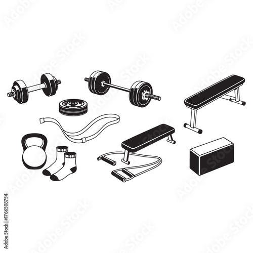 Black and white collection of weightlifting and exercise gear