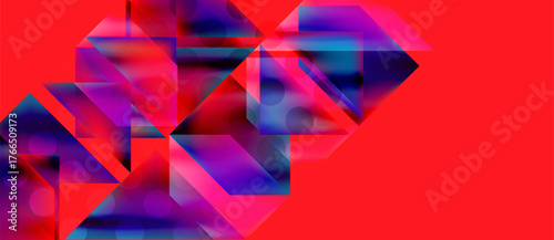 Abstract geometric composition. Vivid red background contrasts with blue, purple shapes. Overlapping layers create dynamic visual effect.
