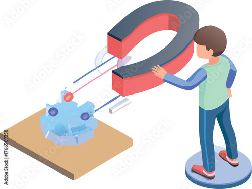 Boy Performing a Magnetic Levitation Experiment - Isometric Illustration of Science and Physics