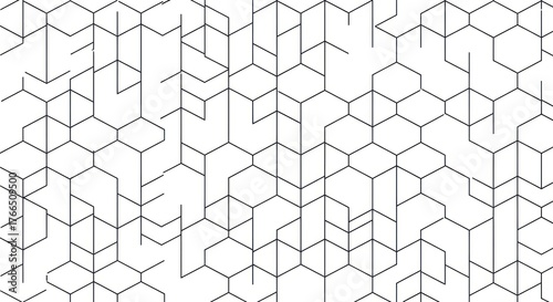 Intricate geometric network of interconnected hexagonal shapes against a white backdrop