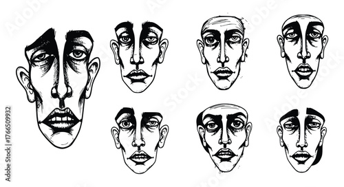 Vector art of set of seven hand drawn doodle faces in black and white vector illustration