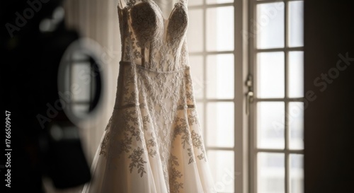 A bridal gown hangs near a bright window, showcasing intricate lace and a fishtail