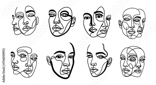 Vector art of collection of eight abstract faces in one line style