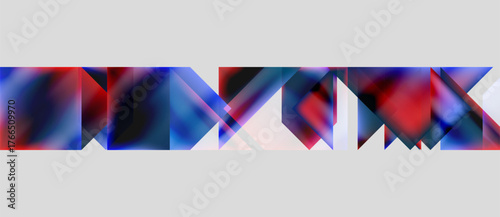 Abstract geometric shapes, red and blue hues dominate. Minimalist design with white background creates striking visual impact.