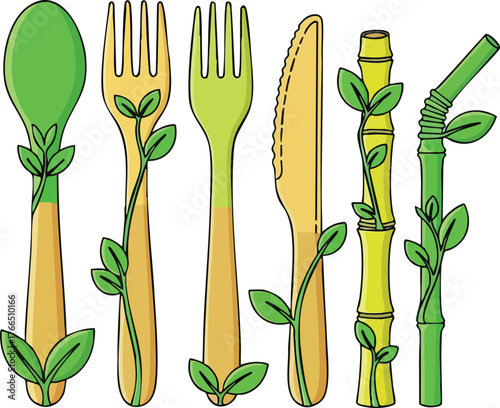 Eco Friendly Cutlery and Straws With Green Leaves And Bamboo Stalks On A White Background