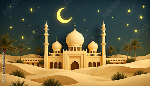 Golden Mosque Night Illustration with Crescent Moon
