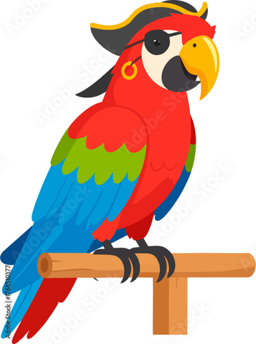 Cheerful Pirate Parrot Vector – Colorful Cartoon Parrot Mascot with Pirate Hat, Gold Earring, and Wooden Perch Illustration