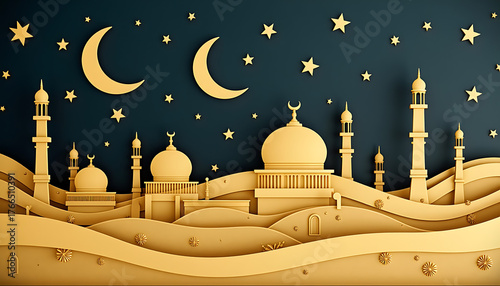 Golden Mosque Night Illustration with Crescent Moon