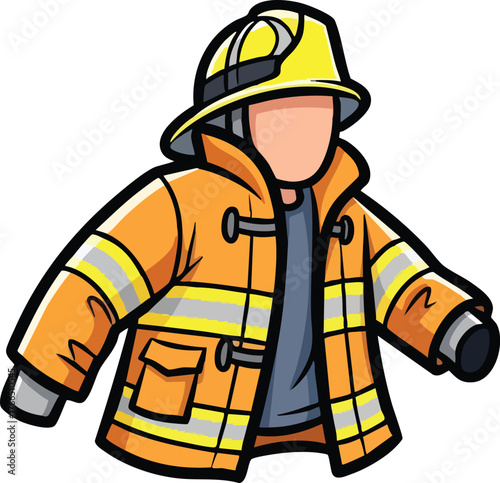 Firefighter uniform with helmet and protective jacket orange yellow and gray colors detailed illustration