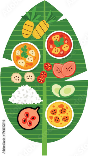 Flat Design South Indian Meal Served on Banana Leaf With Various Curries Rice and Vegetables