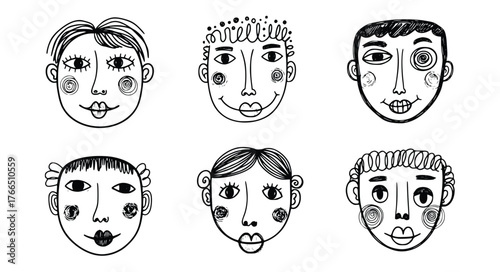 Vector art of collection of hand drawn faces with different hairstyles vector illustration