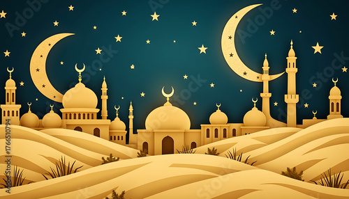 Golden Mosque Night Illustration with Crescent Moon