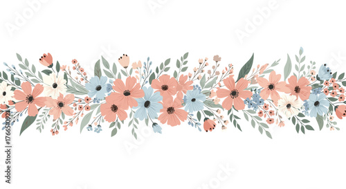 Delicate watercolor floral border with peach, blue, and cream flowers and greenery.