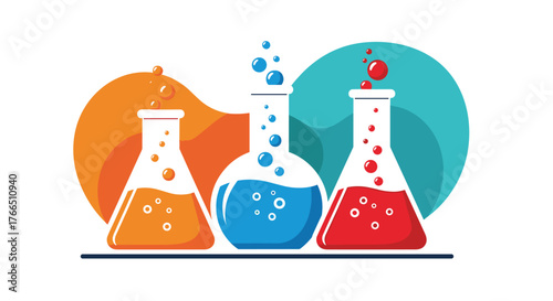 Three colorful laboratory flasks with bubbling liquids, representing science and experiments.