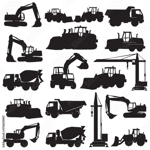 set of construction equipment. Collection of commercial equipment for construction work. Excavator, bulldozer, tractor, loader Vector illustration.