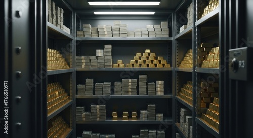 A bank vault interior showcases stacks of cash and gold bars neatly arranged on shelves