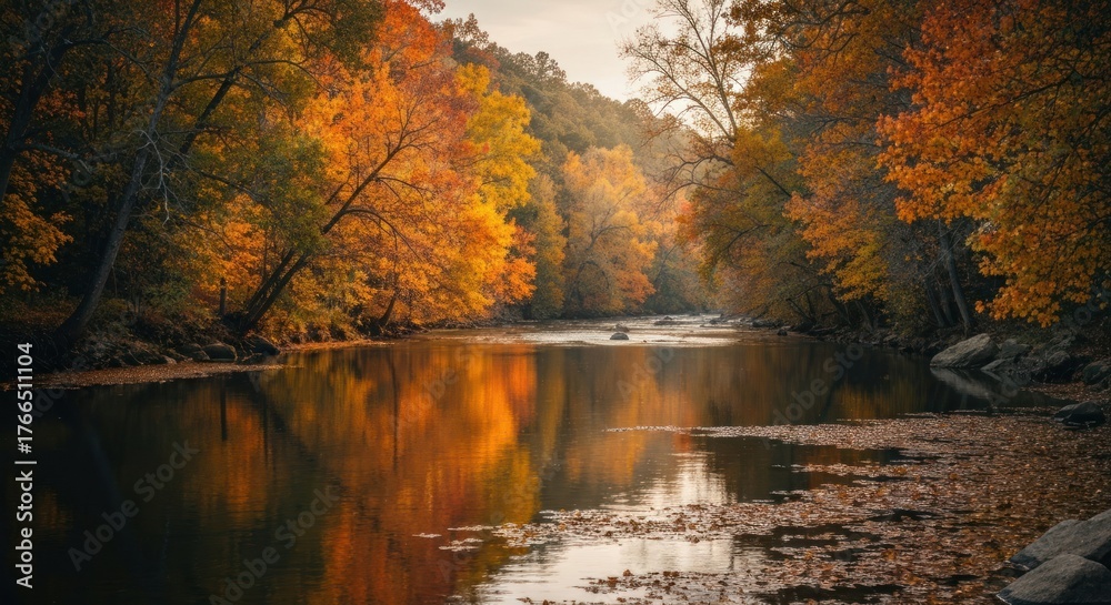 Obraz premium A calm river flows through a vibrant autumn forest, reflecting the colorful trees
