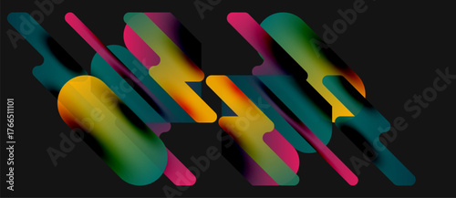 Abstract colorful shapes overlap, creating dynamic visual effect. Gradients blend hues, forming modern composition. Dark background emphasizes vibrant forms.