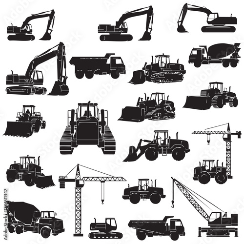 Construction vehicles, tractors, and heavy machinery icons .road roller, bulldozer, backhoe, excavator, dump truck, and crane.vector style design