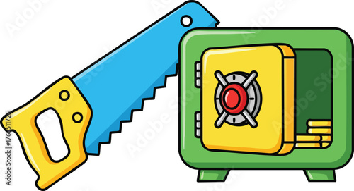 Green Safe and Blue Hand Saw Approaching Yellow Door for Access and Security Breach Illustration