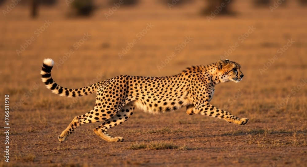 Fototapeta premium A cheetah sprints across a vast, arid grassland under a warm, setting sun