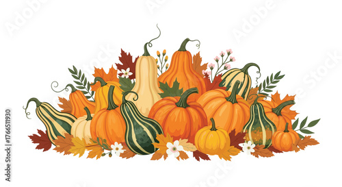 A vibrant assortment of pumpkins and gourds with fall leaves and delicate flowers.
