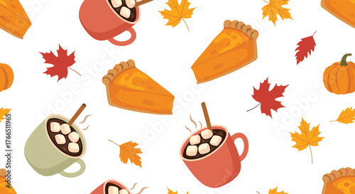 A charming seamless pattern featuring slices of pumpkin pie, mugs of hot chocolate with marshmallows, pumpkins, and autumn leaves.