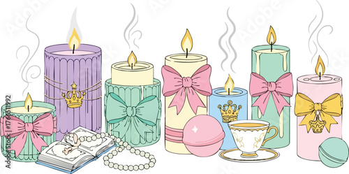 Group of pastel colored candles with ribbons and teacup on white background