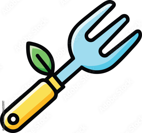 Handheld Garden Fork With Blue Tines Yellow Handle And Green Leaf Detail