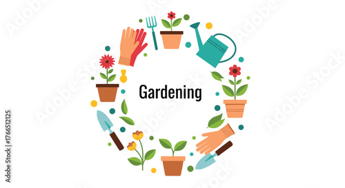 Round floral wreath illustration with gardening tools and the word 'gardening' in the center.