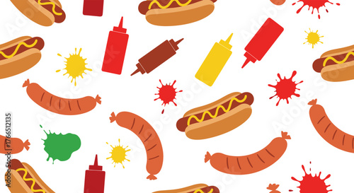 A playful and colorful seamless pattern featuring hot dogs, sausages, and condiment bottles with splatters.