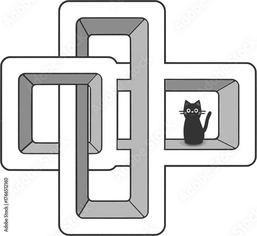 Impossible Knot Cross with Black Cat Vector. Geometric paradox in scalable EPS format. Ideal for unique logos, pet-themed design, complexity concepts, and minimalist branding