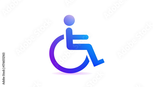 Modern, gradient vector illustration of the International Symbol of Access (ISA) or wheelchair accessibility sign, redesigned with vibrant blue and purple colors on a bright or gradient background, em
