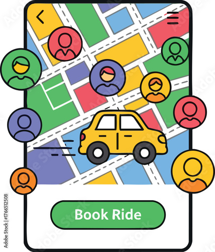 Illustration Of A Yellow Car Driving On A Map With People Icons Representing Ride Sharing App