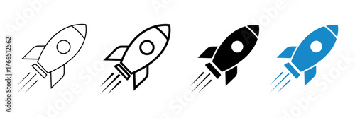 Set of minimalist rocket icons with transparent background, depicting launch symbols for startup projects, business growth, and innovation concepts, vector illustration