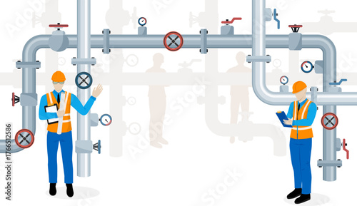 Engineers and repairmen check and repair the system of water, gas or oil pipelines
