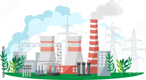 Thermal Power Plant. Heat water and electricity generation plant. Heat energy station