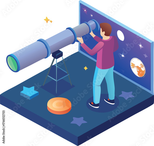 Boy Looking Through a Telescope at the Night Sky - Isometric Astronomy and Space Exploration