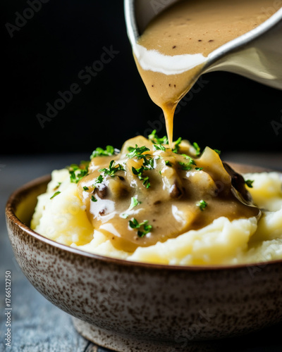 Gravy being poured over gourmet mashed potatoes