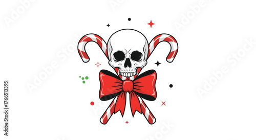 Skull and candy canes with a red bow and festive stars, a morbid Christmas graphic.