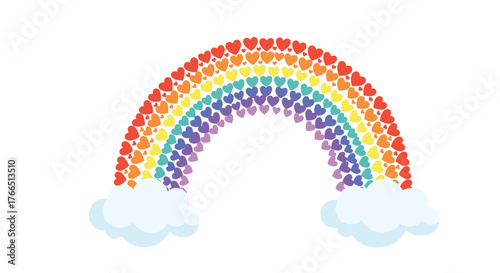 Rainbow made of colorful heart shapes arching over clouds on a white background.