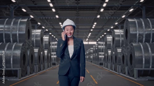 Wallpaper Mural Front View of Asian Businesswoman Talking On Smartphone While Walking in Warehouse of Metal Steel Coils Torontodigital.ca