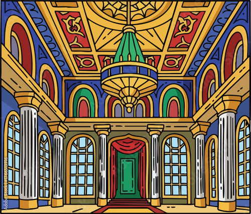 Ornate Palace Hallway Interior With Grand Chandelier And Red Curtains Blue Walls Gold Accents And Large Windows